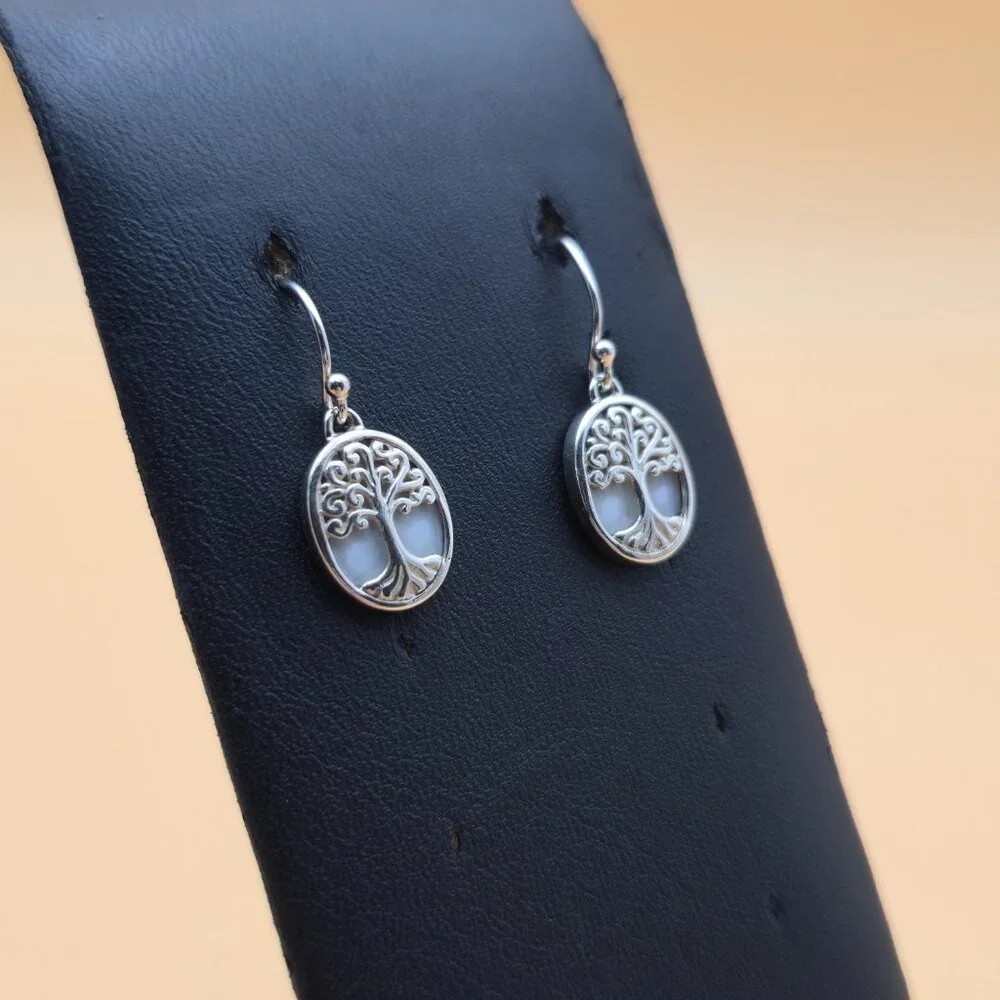 Sterling Silver Mother Of Pearl Tree Of Life Dangle Earrings A5837